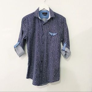 ZARA MAN Slim Fit Leaf Print Navy Long Sleeve Button Down Collar Shirt S